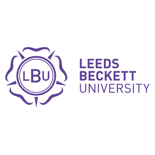 Leeds Beckett University logo in purple with a circular emblem and text.